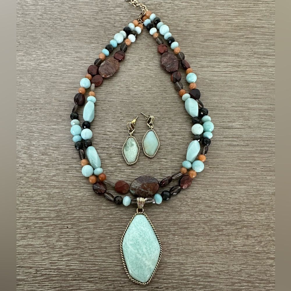 Barse Turquoise Aqua Blue Beaded Stone Pendant Necklace Earrings Set